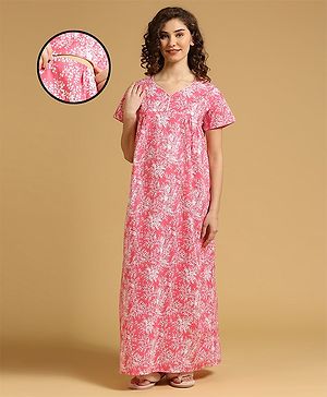 MomToBe Half Sleeves Floral Printed Maternity Feeding Nighty With Concealed Zipper -  Pink