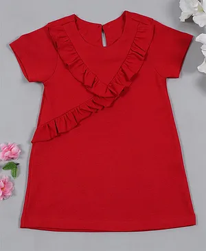 MANET 100% Cotton Half Sleeves Ruffled Detailed A Line Dress - Red