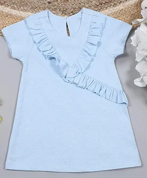 MANET 100% Cotton Half Sleeves Ruffled Detailed A Line Dress - Light Blue