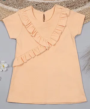 MANET 100% Cotton Half Sleeves Ruffled Detailed A Line Dress - Peach