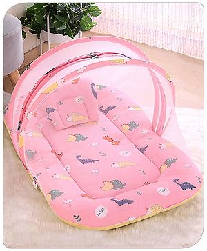 Babyhug Cotton Bedding Set with Mosquito Net Dino Print- Light Pink