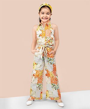 Naughty Ninos Sleeveless Floral Printed Coordinating Top With Palazzo - White & Orange