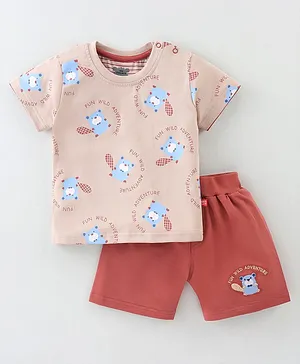 Mini Taurus Cotton Knit Half Sleeves T-Shirt And Shorts Set With Bear Print - Beige