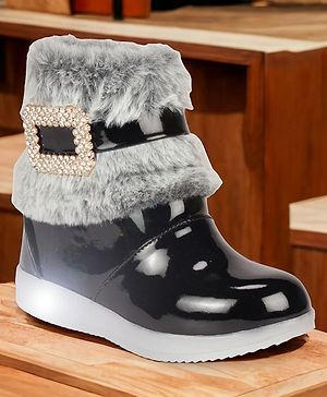 Lil Lollipop Glossy Finished Fur Detailed Boots With LED Light - Black