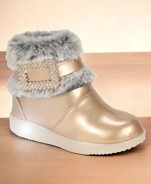 Lil Lollipop Glossy Finished Fur Detailed Boots With LED Light - Golden