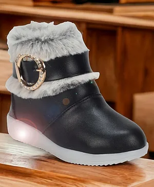 Lil Lollipop Matte Finished Fur Detailed Boots With LED Light - Black