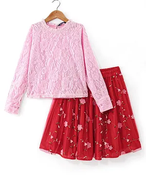Pine Kids Full Sleeves Top & Skirt Floral Embroidery - Pink & Red