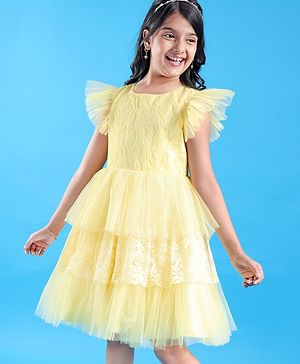 Pine Kids Half Sleeves  Party Frock with  Floral Embroidery -  Yellow