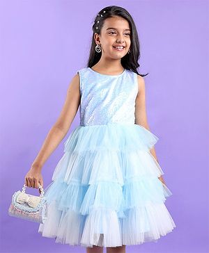 Pine Kids Sleeveless Party Frock with Sequin Detailing - Sky Blue