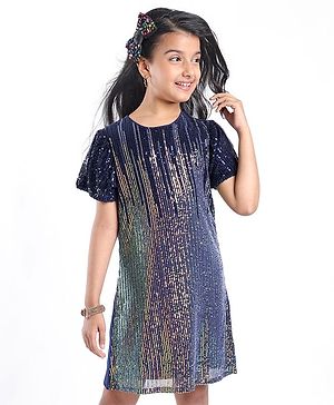 Pine Kids Half Sleeves Party Dress with Sequin Detailing - Navy Blue