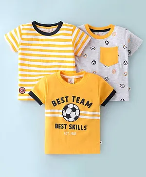 Mini Donuts Cotton Half Sleeves T-Shirts With Striped & Football Print Pack Of 3 - White Melange & Mango