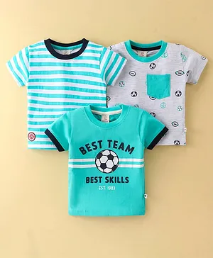 Mini Donuts Cotton Knit Half Sleeves T-Shirt Stripes & Soccer Ball Print Pack Of 3 - White & Blue