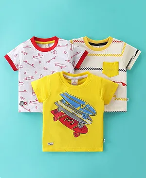 Mini Donuts Cotton Knit Half Sleeves T-Shirt Skateboard Print Pack Of 3 - White & Yellow