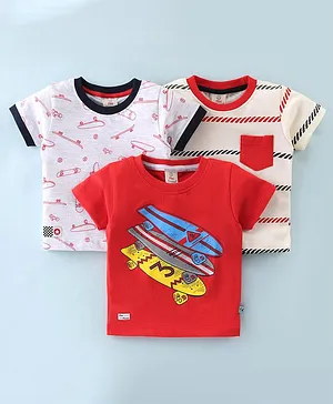 Mini Donuts Cotton Knit Half Sleeves T-Shirt Skateboard Print Pack Of 3 - White & Red