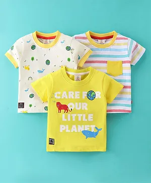 Mini Donuts Cotton Knit Half Sleeves T-Shirt Stripes & Lion Print Pack Of 3 - Off White Yellow & White