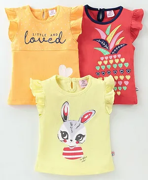 Mini Donuts Cotton Knit Frill Sleeves Bunny & Heart Printed Top Pack of 3 - Green Yellow & Red