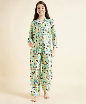 Cherry & Jerry Full Sleeves Cow Printed Night Suit Set - Green