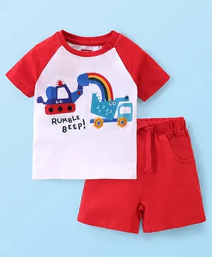 Babyhug 100% Cotton Knit Single Jersey Raglan Sleeves T-Shirt & Shorts With Construction Vehicles Embroidery - Red & White