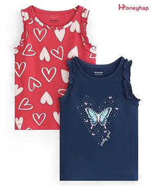 Honeyhap Premium 100% Cotton Single Jersey Sleeveless Heart & Butterfly Printed Top With Bio Finish Pack of 2 - Navy Peony & High Risk Red