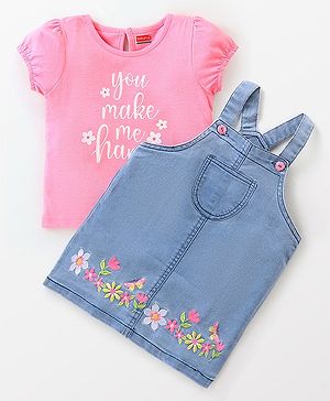 Babyhug Denim Floral Embroidery Frock with Half Sleeves T-Shirt - Pink & Blue
