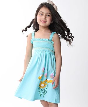 Babyhug Single Jersey Knit Sleeveless Frock Floral Print - Blue