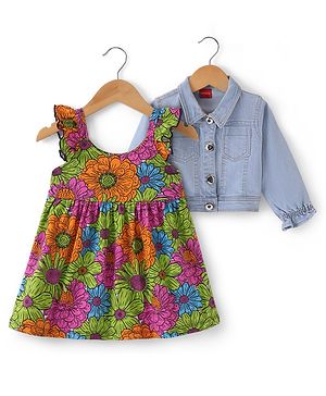 Babyhug Cotton Knit Frock with Full Sleeves Denim Jacket Floral Print - Multicolor