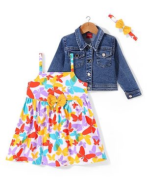 Babyhug Single Jersey Knit Full Sleeves Jacket With  Butterfly Print Frock & Headband- White