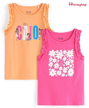 Honeyhap   100% Cotton Single Jersey Knit Sleeveless T-Shirts Floral & Text Print Pack of 2- Peach Cobbler & Hot Pink
