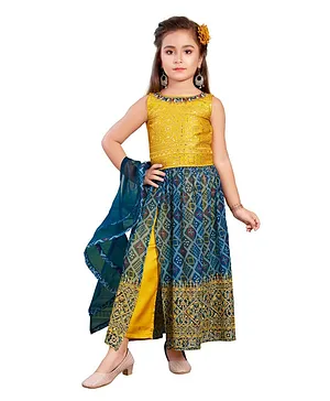 Joy-n-Jolly Sleeveless Sequin Embellished & Bandhej Design Kurta Pant With Dupatta - Golden
