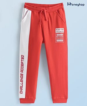 Honeyhap Premium 100% Cotton Knit Full Length Lounge Pant with Bio Finish Text Print - Red Alert & Bright White