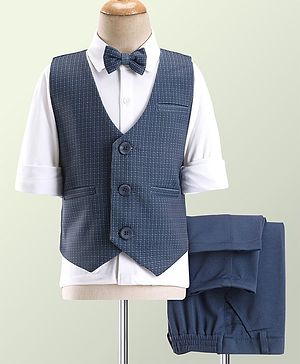 Babyhug Party Wear Full Sleeves Textured Stretch 3 Pieces Party Suit - White & Blue