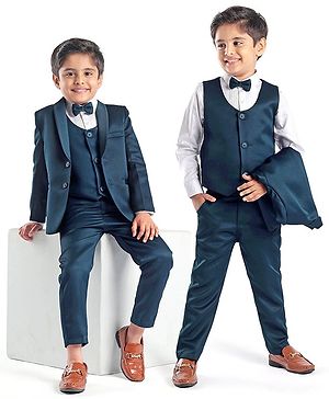 Babyhug Full Sleeves Solid Color 5 Pieces Party Suit With Waistcoat & Bow -Teal Blue