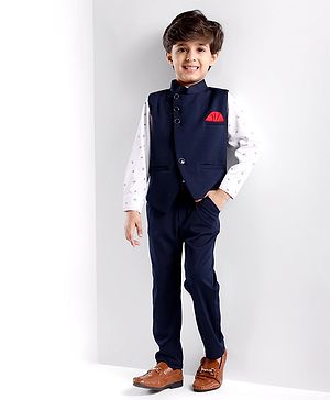 Babyhug Woven Party Suit Solid Colour Waistcoat Set With Full Sleeves Printed Shirt- Navy Blue