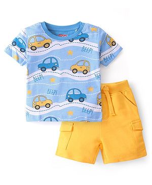 Babyhug 100% Cotton Knit Single Jersey Half Sleeves T-Shirt & Shorts With Cars Print - Blue & Yellow