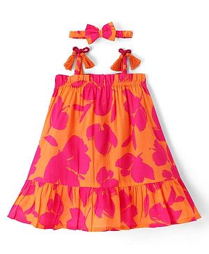 Babyhug Cotton Woven Sleeveless Frock with Headband Floral Print - Orange