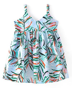 Babyhug Rayon Knit Singlet Sleeves Leaves Printed Frock - Mint