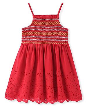 Babyhug Schifilli Sleeveless Knee Length Frock with Embroidery - Red