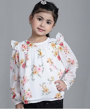 Mini & Ming Full Sleeves Floral Printed Georgette Top  - Off White