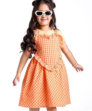 Babyhug Cotton Woven Checked Frock with Half Sleeves Inner Tee - Orange