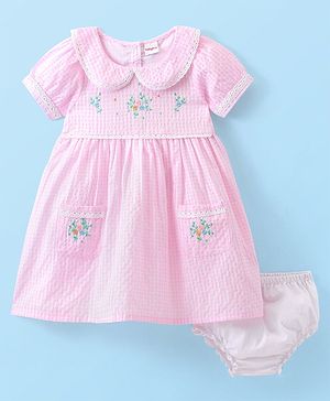 Babyhug Seer Sucker Woven Half Sleeves Checked Frock with Bloomer Floral Embroidery - Pink