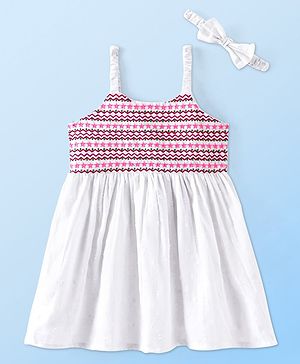 Babyhug 100% Cotton Woven Sleeveless Embroiderd Frock With Headband- White