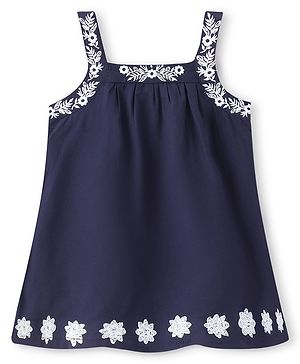 Babyhug Rayon Woven Sleeveless Frock Floral Embroidery - Navy Blue