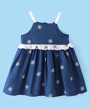 Babyhug Rayon Woven Singlet Sleeves Floral Embroidery Frock - Navy Blue