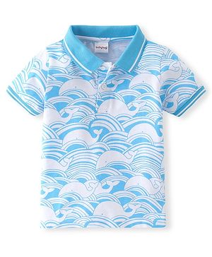 Babyhug 100% Cotton Knit Half Sleeves Polo T-Shirt with Whale Print- Blue