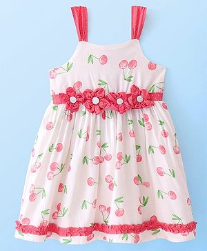 Babyhug Cotton Woven Sleeveless Singlet Frock with Cherry Print & Floral Applique- White & Pink