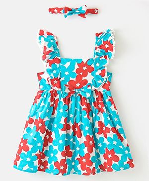 Babyhug 100% Cotton Woven Frill Sleeves Floral Print Frock With Headband - Red