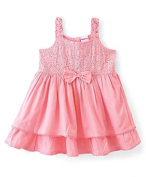 Babyhug 100% Viscose Woven Sleeveless Frock Flower Embroidery with Bow Applique - Peach
