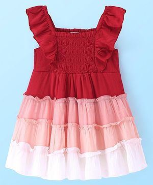 Babyhug Rayon Woven Frill Sleeves Smocking Detailing Colour Block Tiered Frock - Multicolour