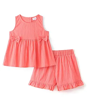 Babyhug Cotton Woven Sleeveless Solid Color Top with Shorts Set with Bow Applique - Coral Pink