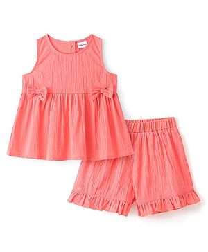 Babyhug Cotton Woven Sleeveless Solid Color Top with Shorts Set with Bow Applique - Coral Pink